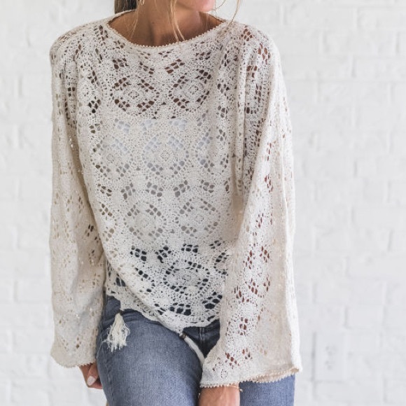 Cream Crochet Lace Knit Long Bell Sleeve Boho Top - Picture 3 of 5